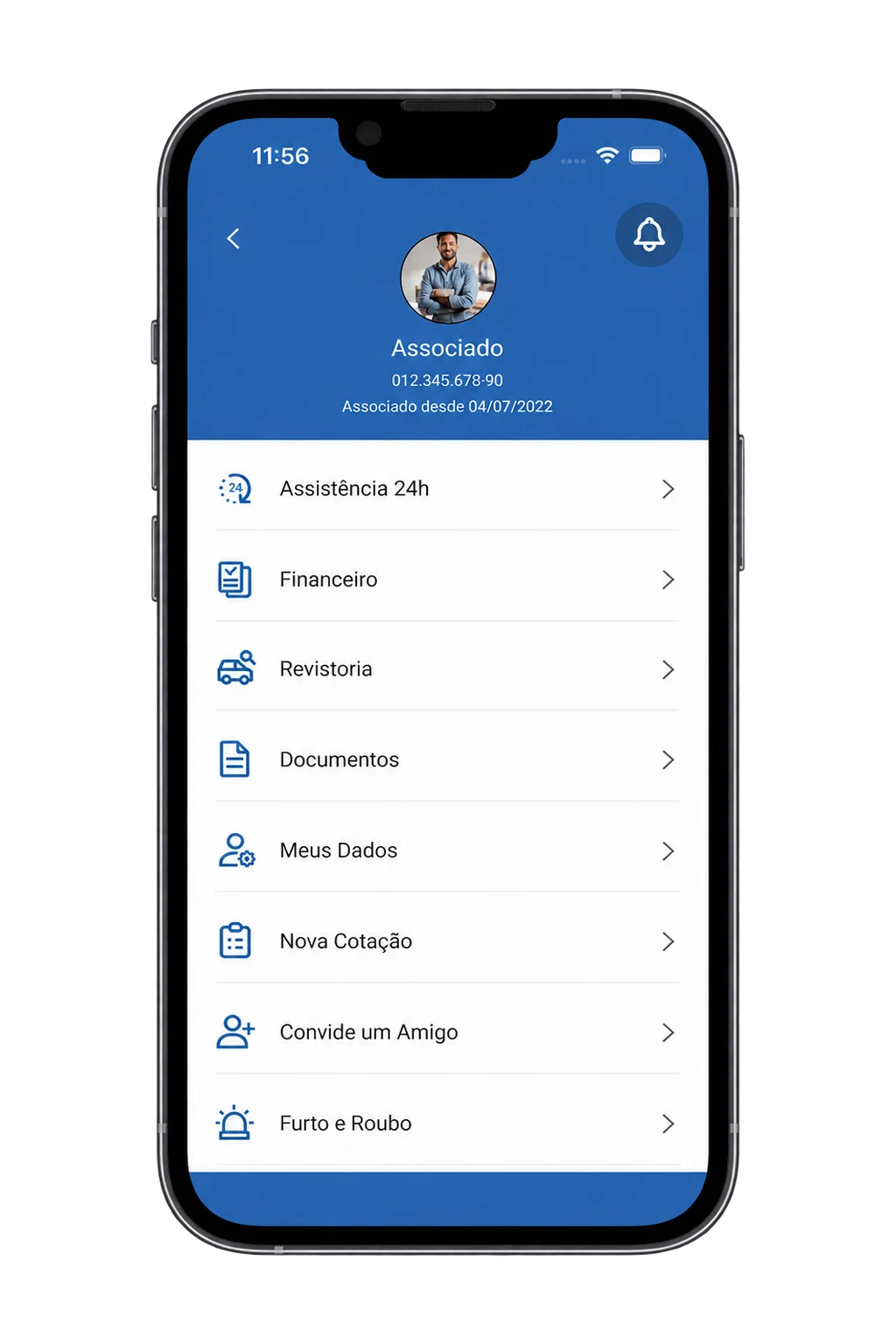 Menu do aplicativo Meu AKI com assistência 24 horas, financeiro, documentos e cotação