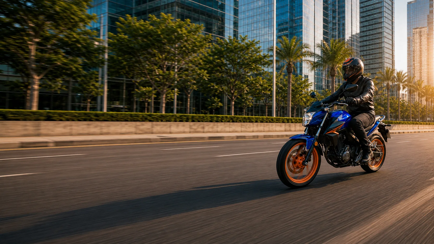 Motociclista protegido viajando por uma avenida urbana